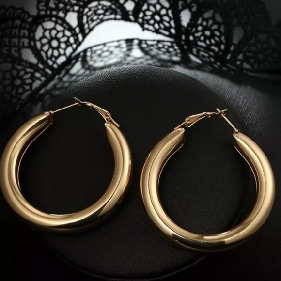 𝅺new Gold Plated Large Chunky Tube Hoop Earrings - Picture 2 of 11